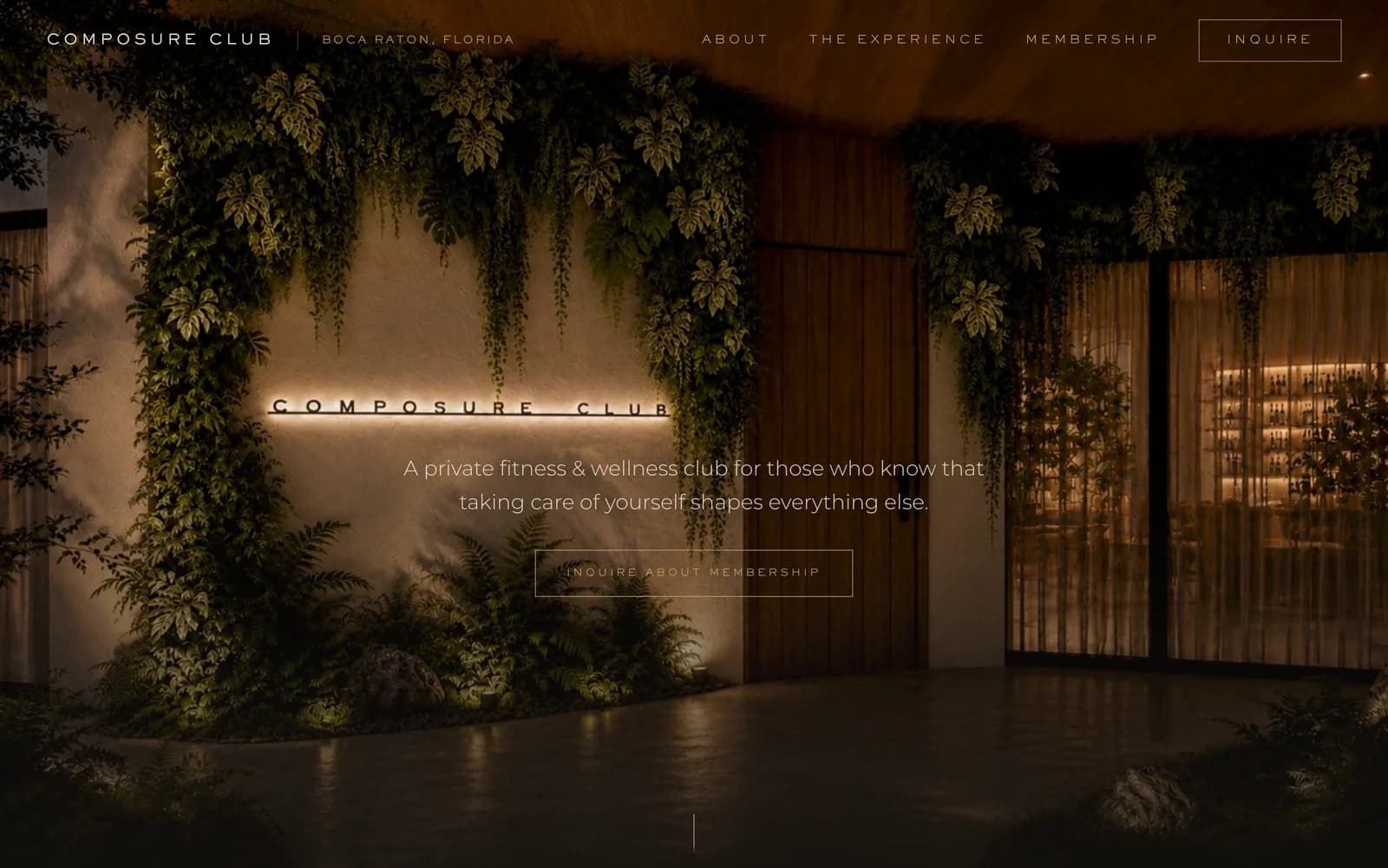 The Composure Club homepage, a warmly lit wellness club interior with the club's name in neon on a planted wall.