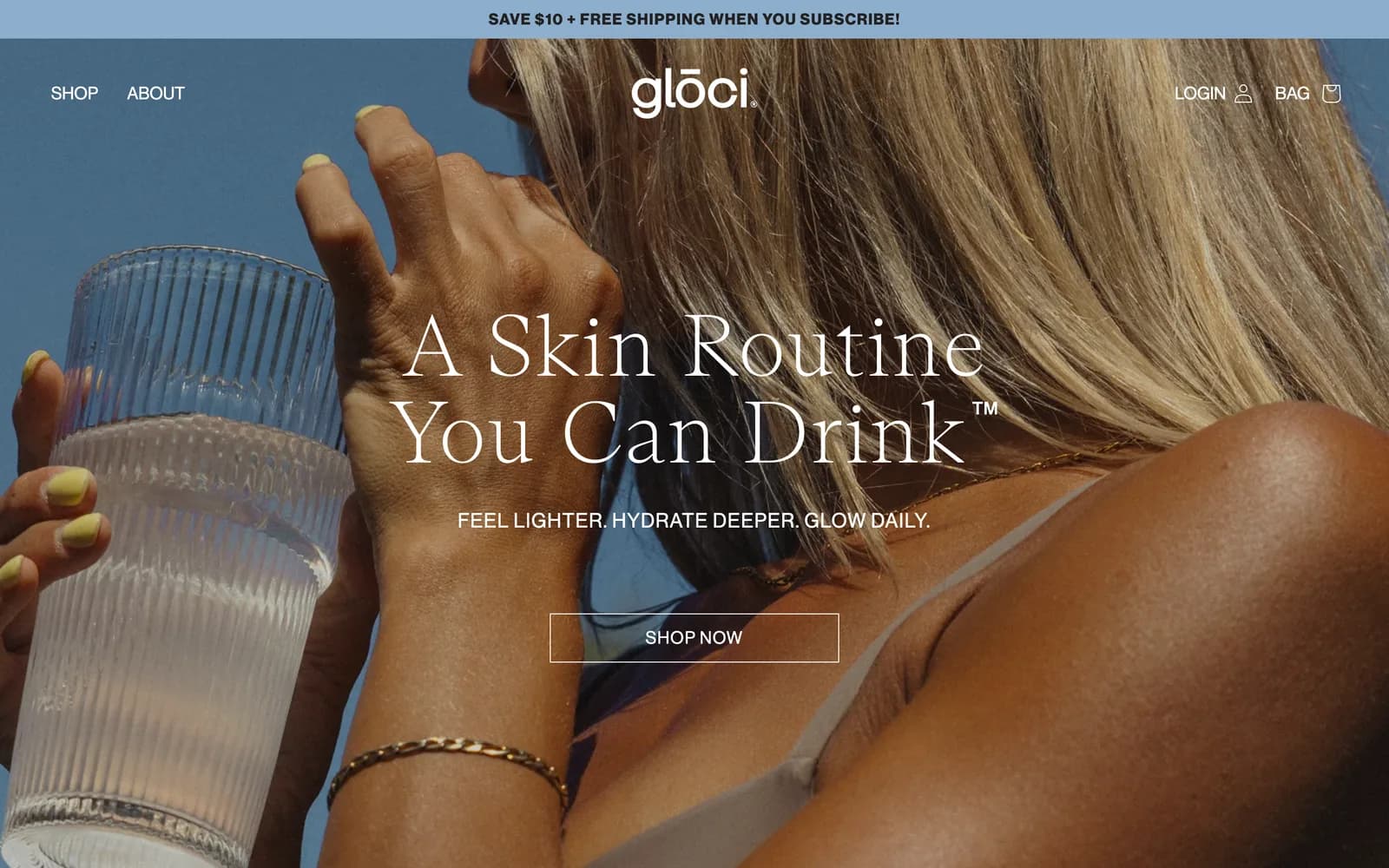 The glōci homepage, a sunlit product photograph behind the line A Skin Routine You Can Drink.