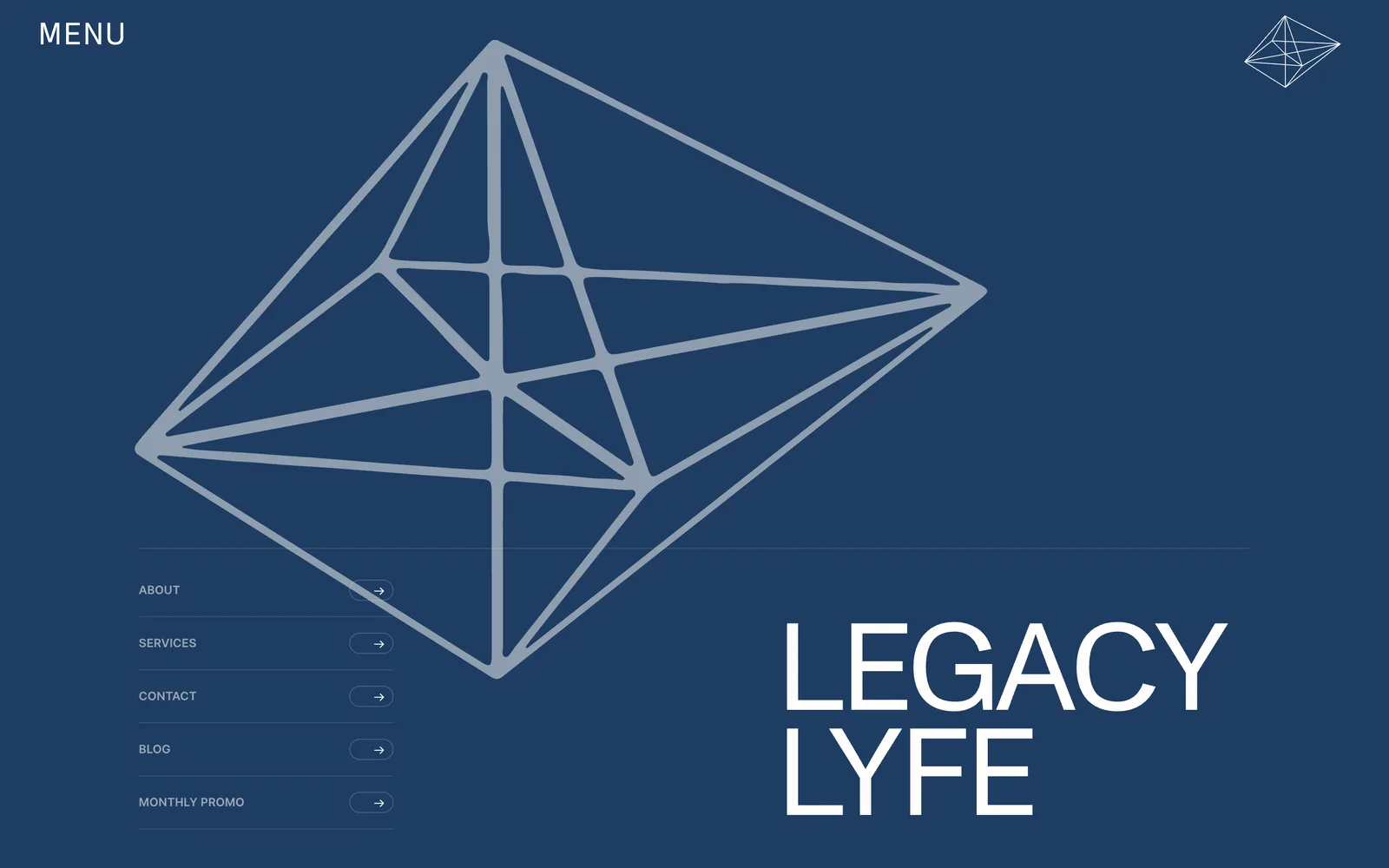 The Legacy Lyfe homepage, a deep blue page carrying a large geometric line drawing.
