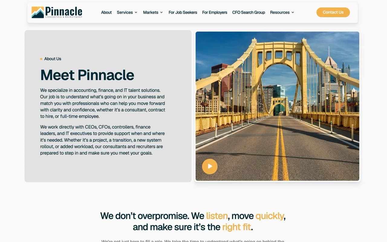 The Pinnacle Consulting and Recruitment about section, headed Meet Pinnacle beside a photograph looking down a yellow Pittsburgh bridge.