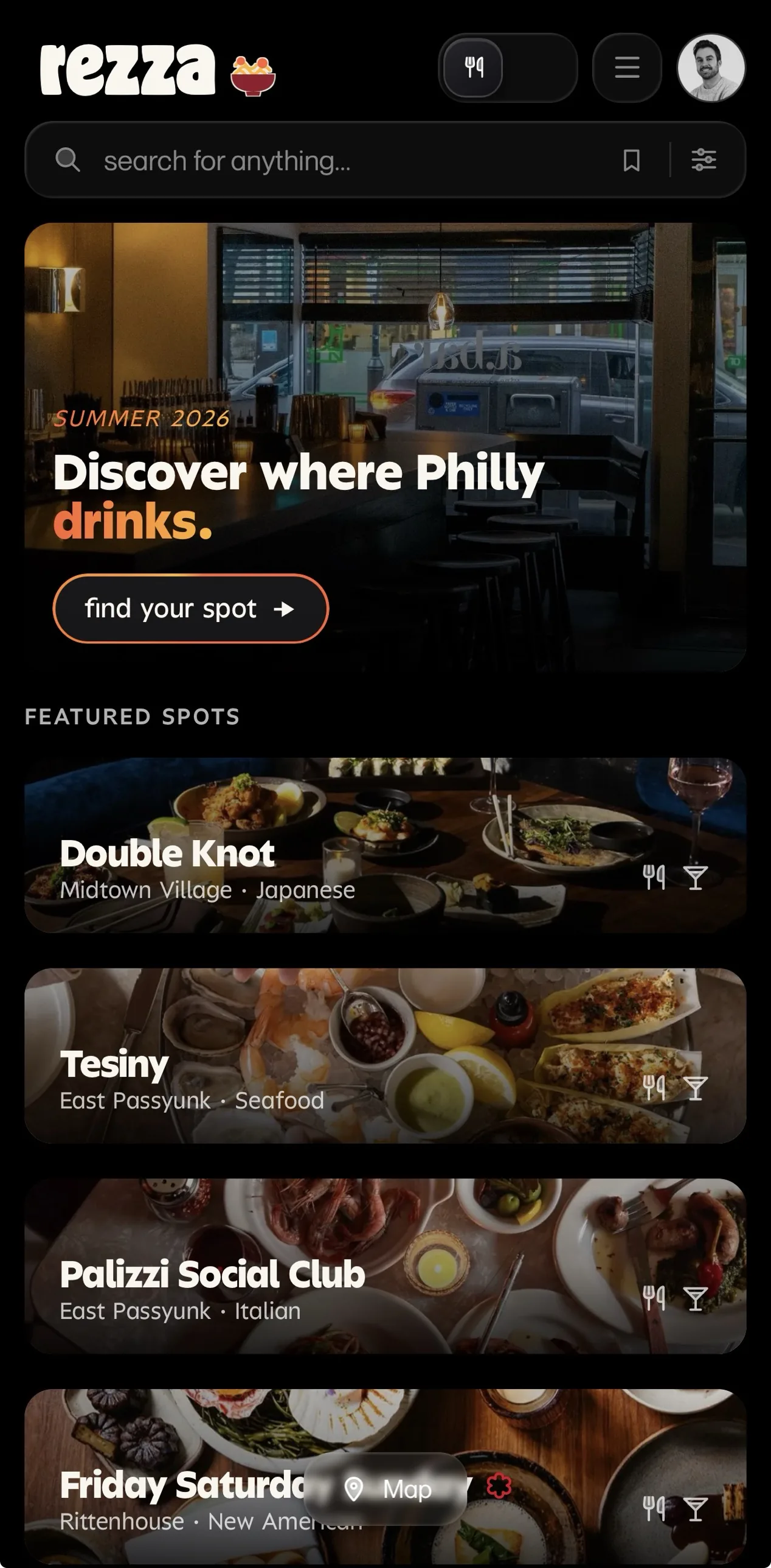 Rezza on a phone: the search bar, a hero headed Discover where Philly drinks, and featured spots including Double Knot, Tesiny and Palizzi Social Club.
