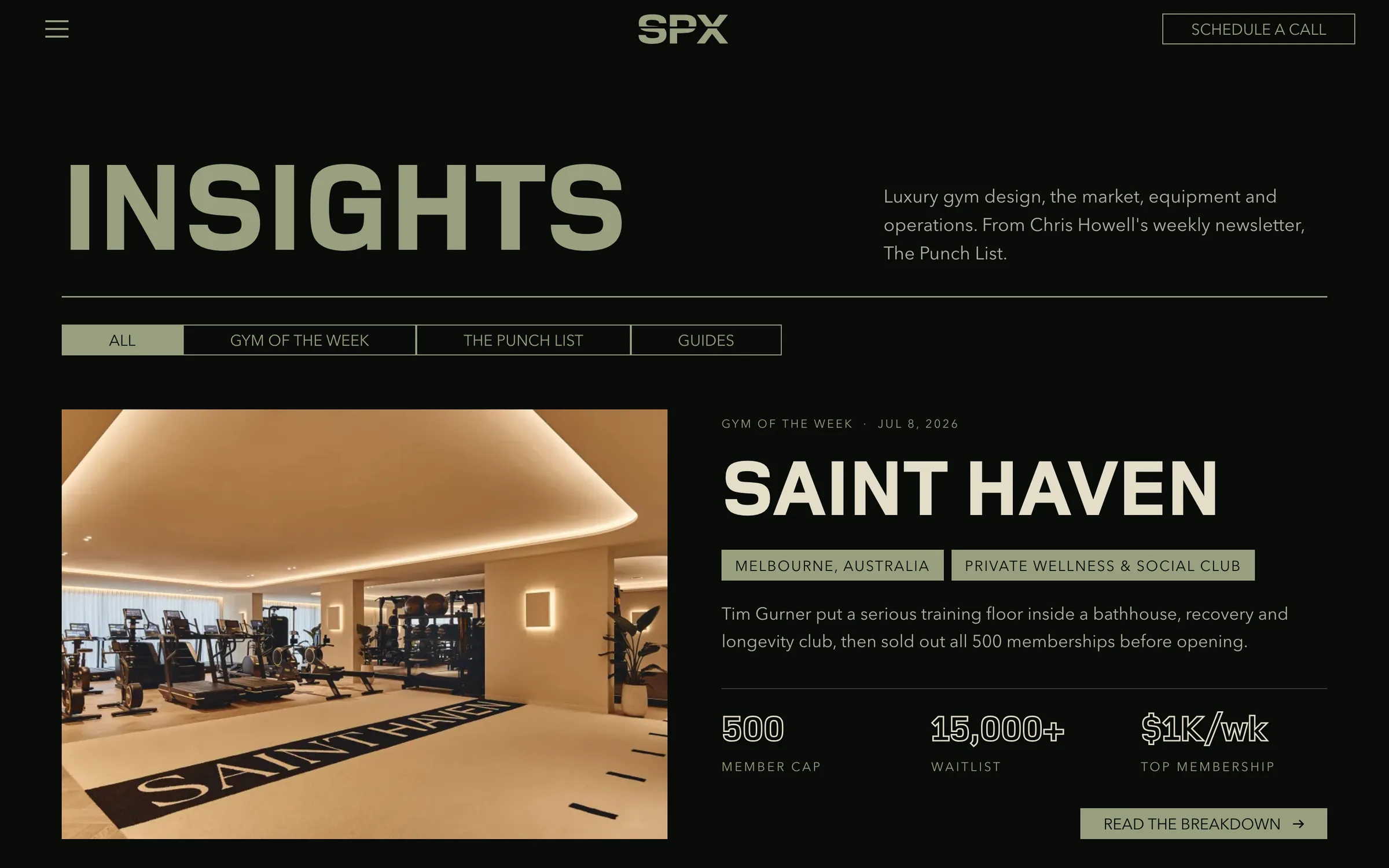 The SPX Insights index: a large Insights heading, filters by post type, and a featured post on Saint Haven with its key stats.